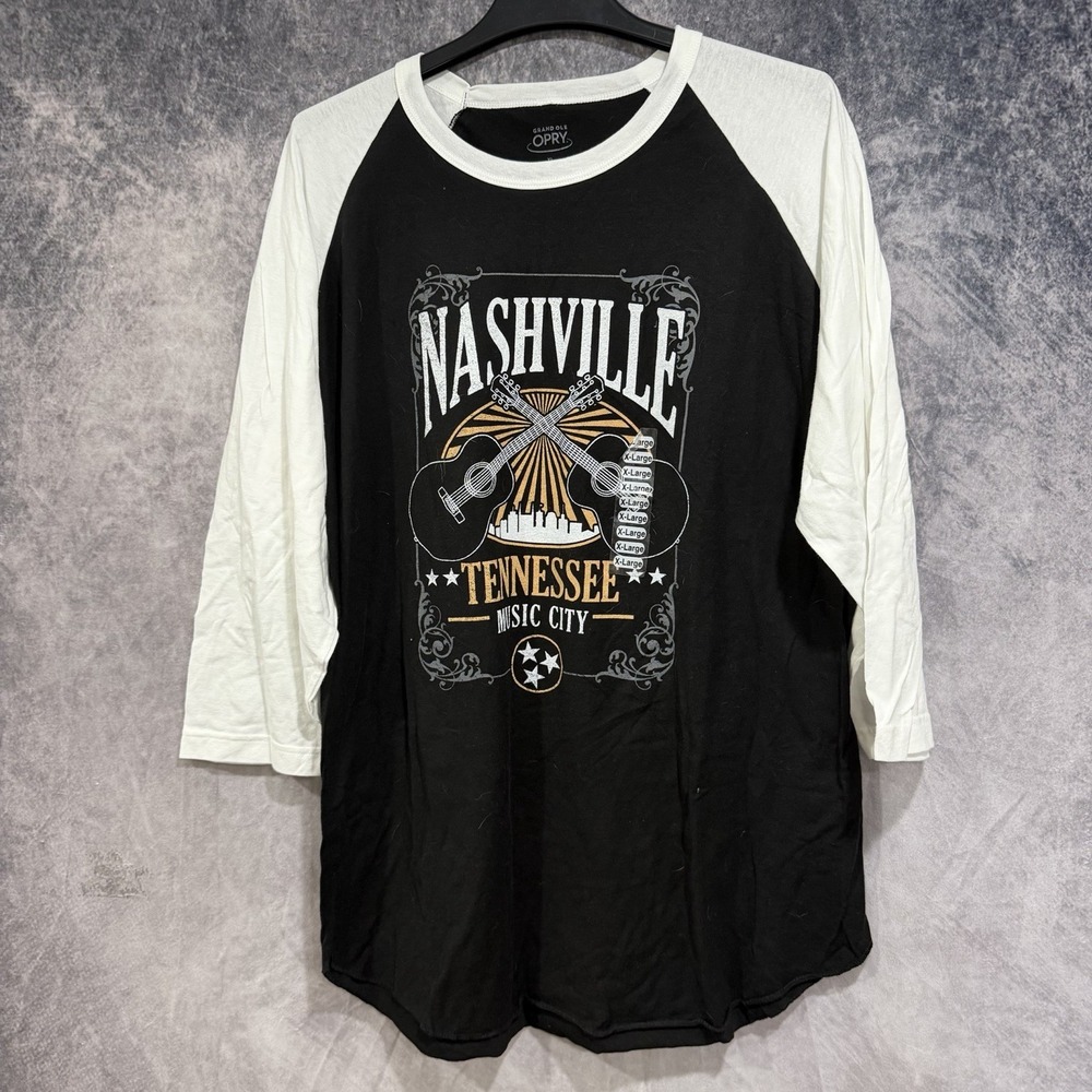 Nashville Men's Crewneck 3/4 Sleeve Shirt Graphic Skyline Guitars XL Black White
